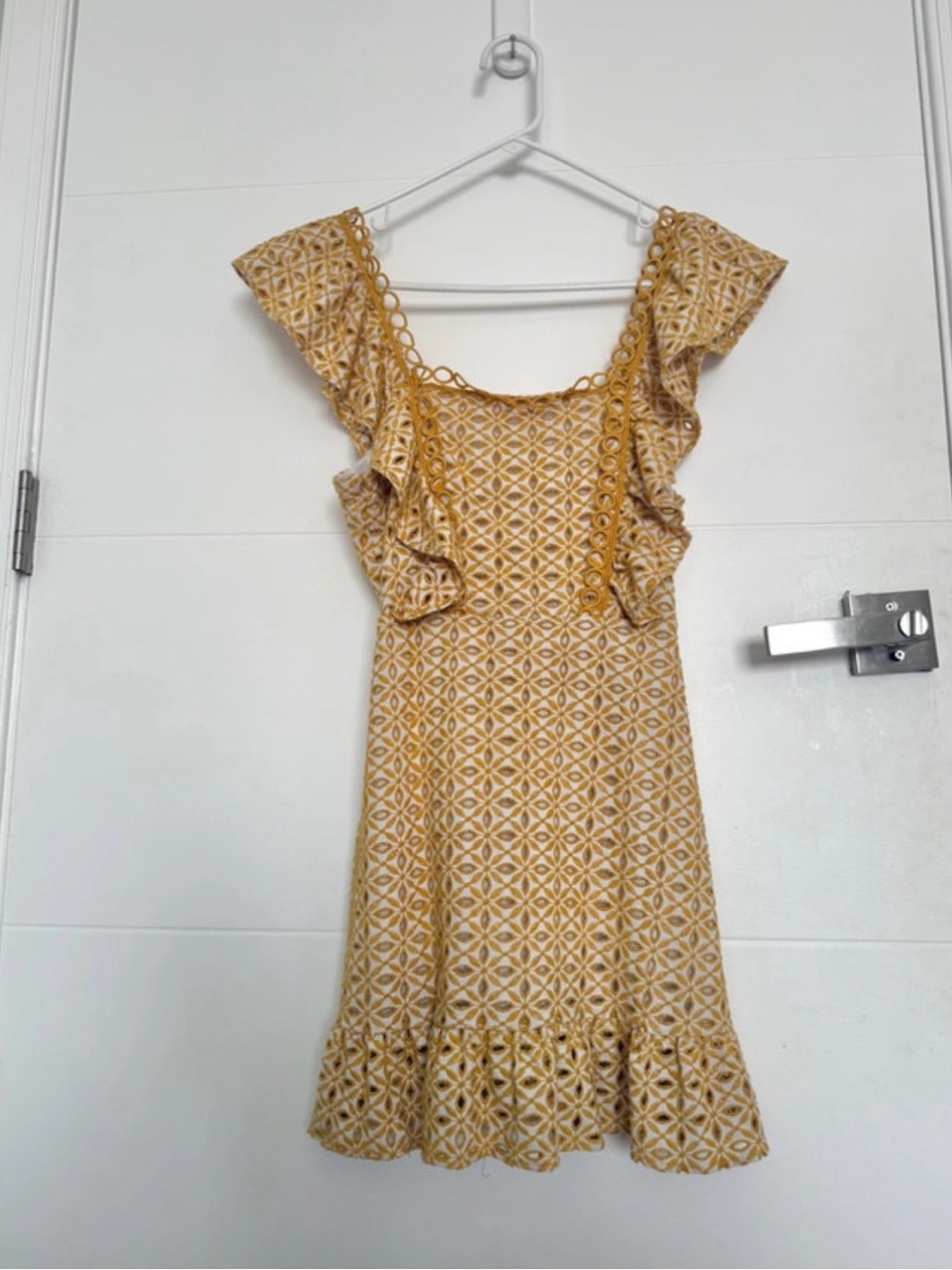 Topshop Mustard Ruffle Sleeved Eyelet Dress